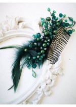 Луксозен гребен украса за коса с кристали и пера в тъмно зелено Green Garden by Rosie